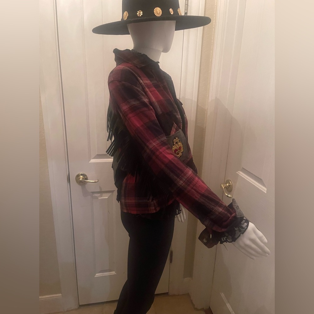 One of a kind custom upcycled plaid jacket (includes NWT Free People brooch) - Picture 12 of 16